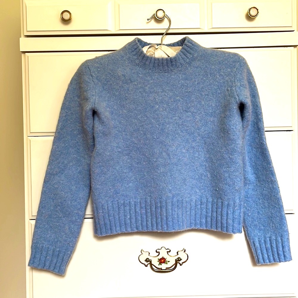 Helmut Lang Cropped Wool Sweater - Light Blue Ribbed Pull Over - Women's Size XS